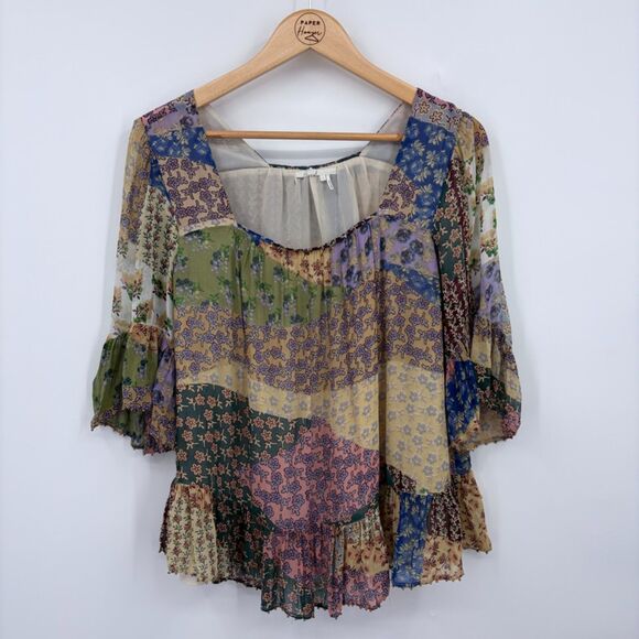 Anthropologie Floreat Patchwork Peasant Top, Sz Small, Bell Sleeves Beaded Trim - Picture 1 of 11
